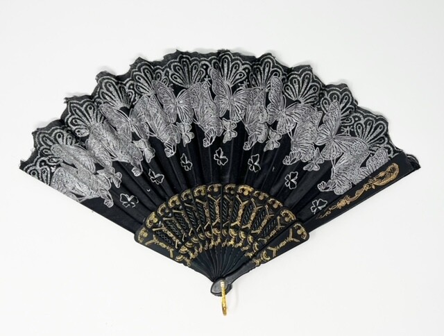 Black Fabric Folding Handheld Fan Glitter Butterflies Party Bridals US Seller