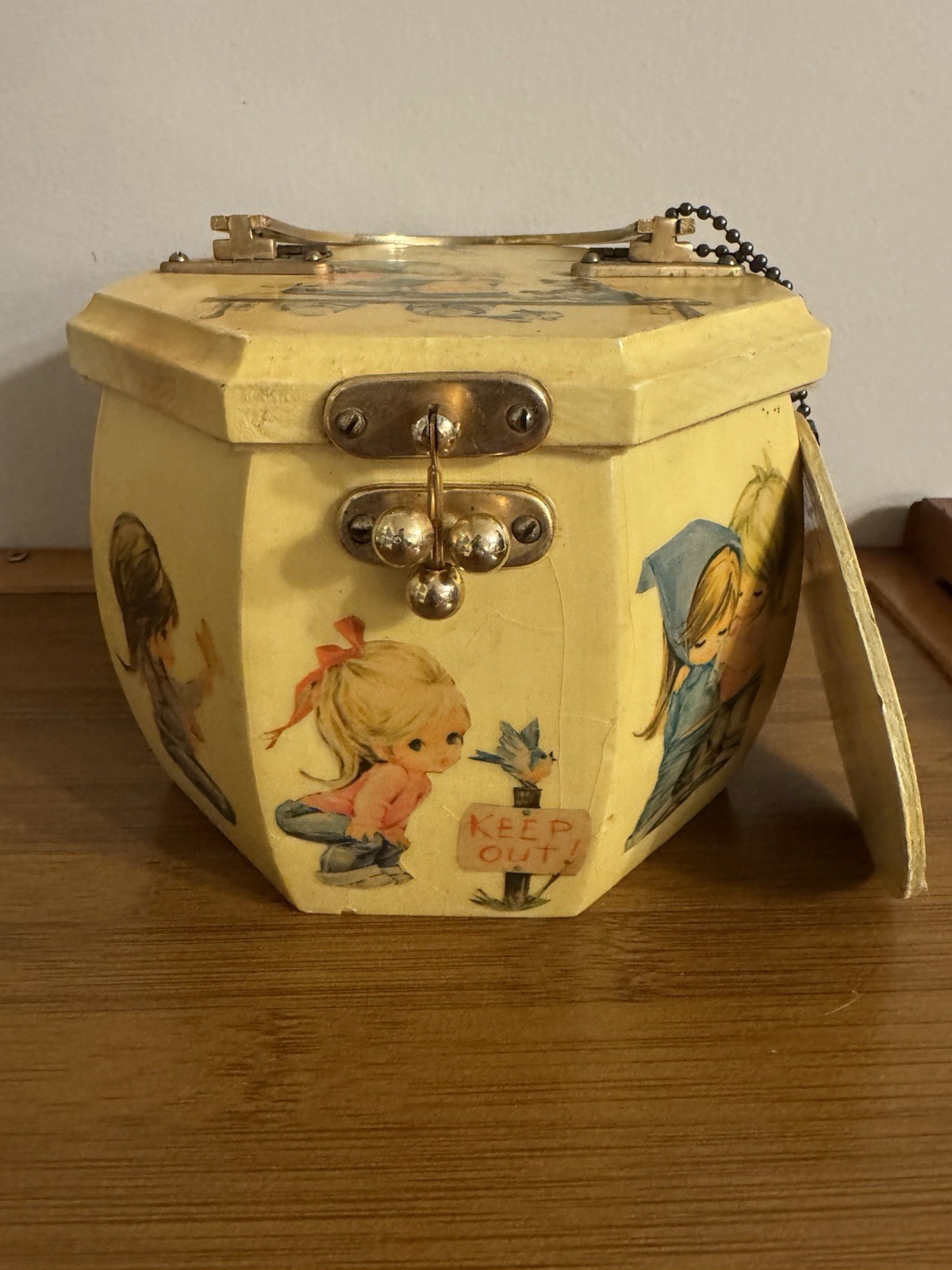 vintage 70s decoupaged wooden box purse classic illustrations by Betsy Clark