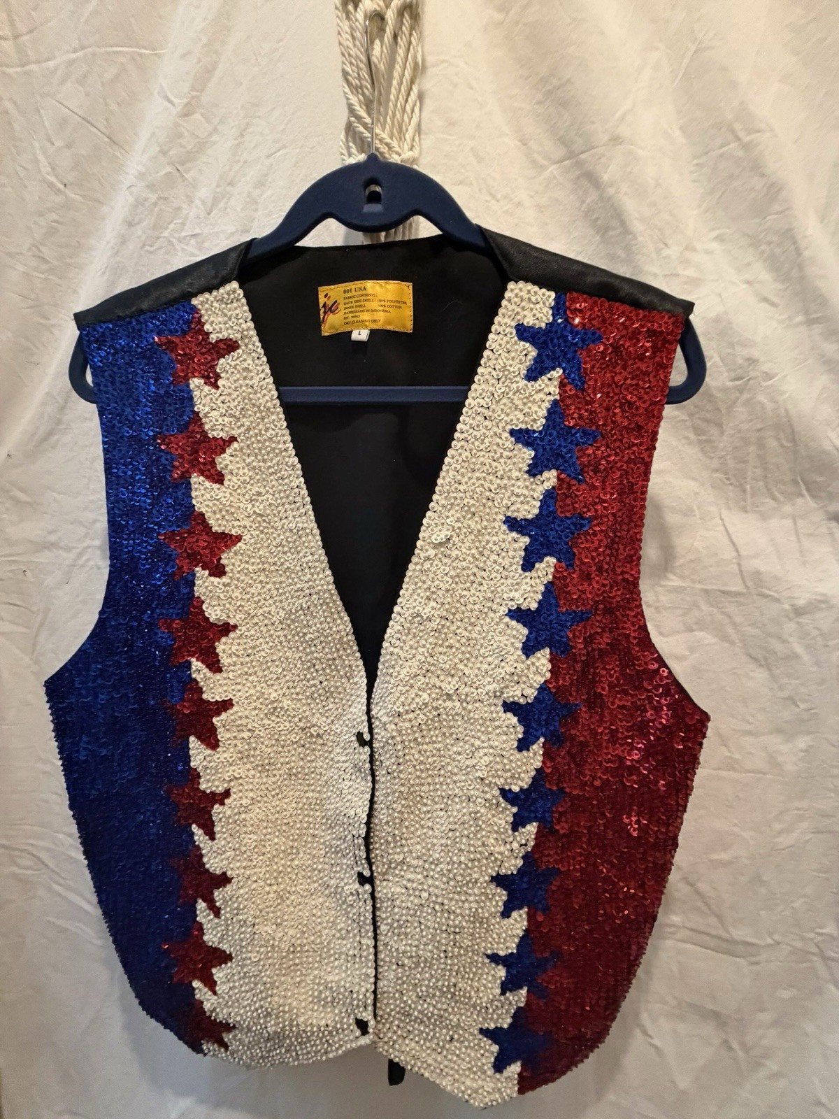 jc Men’s Vintage Sequined Vest Red White Blue Stars Size L Polyester Cotton