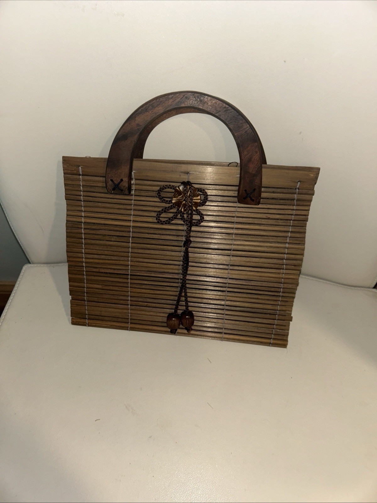 Vintage Wood Slat Bamboo Handbag Wood Handles Beads accents Boho hippie vintage