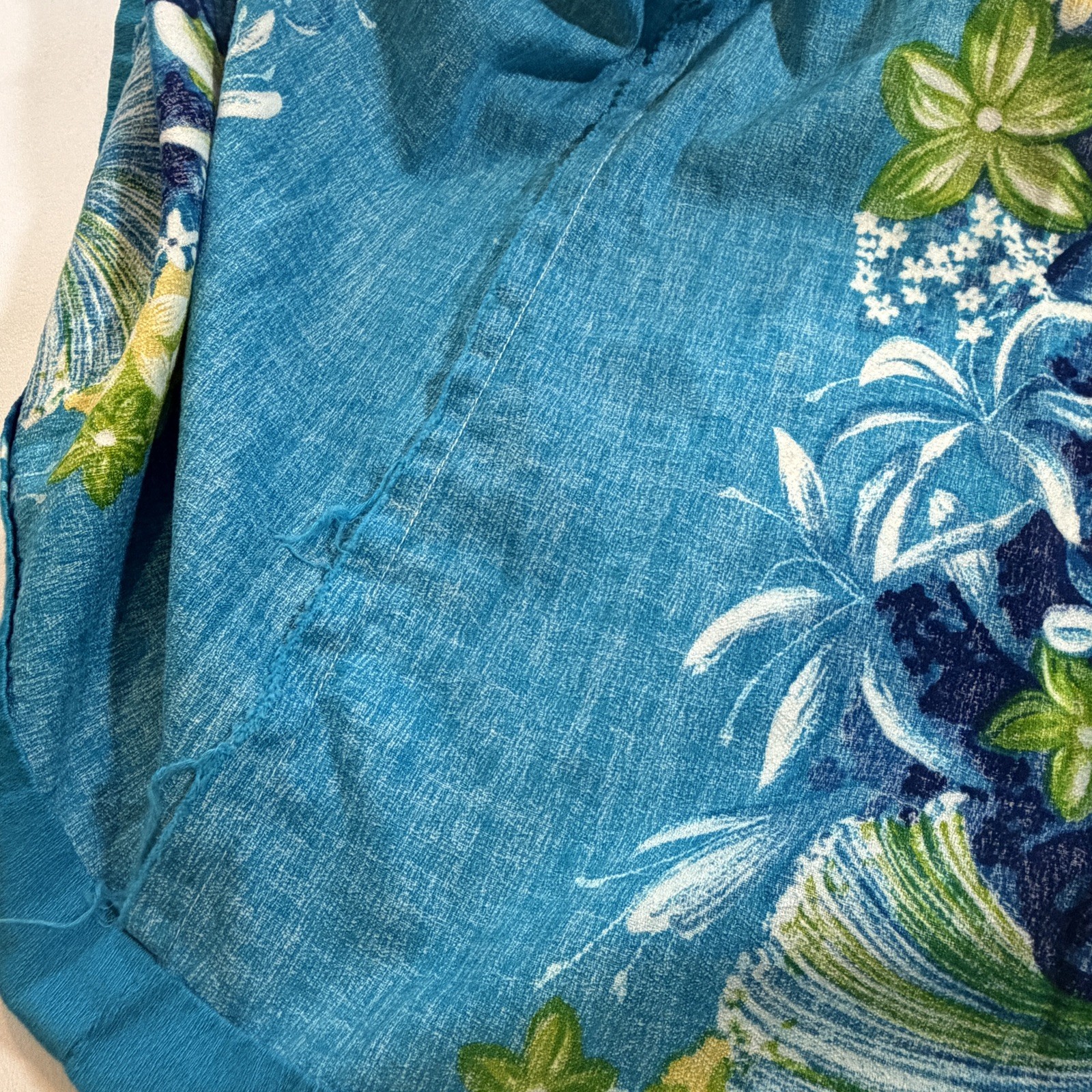 VTG Women’s Hawaiian Togs Blue Floral Barkcloth Pleated Train Maxi Dress Sz XS