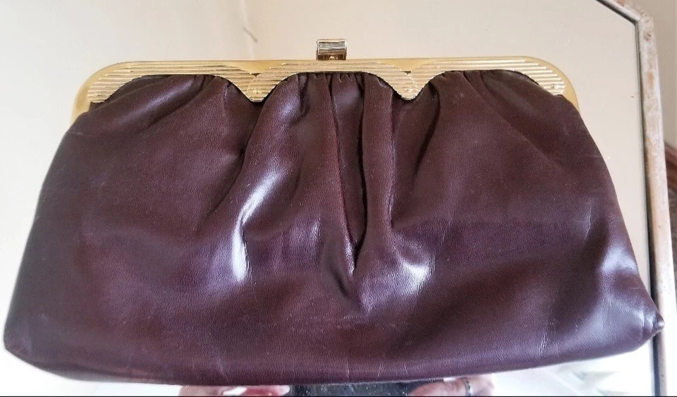 Vintage 1980s Brown Feux Leather Clutch with Folding Shoulder Strap