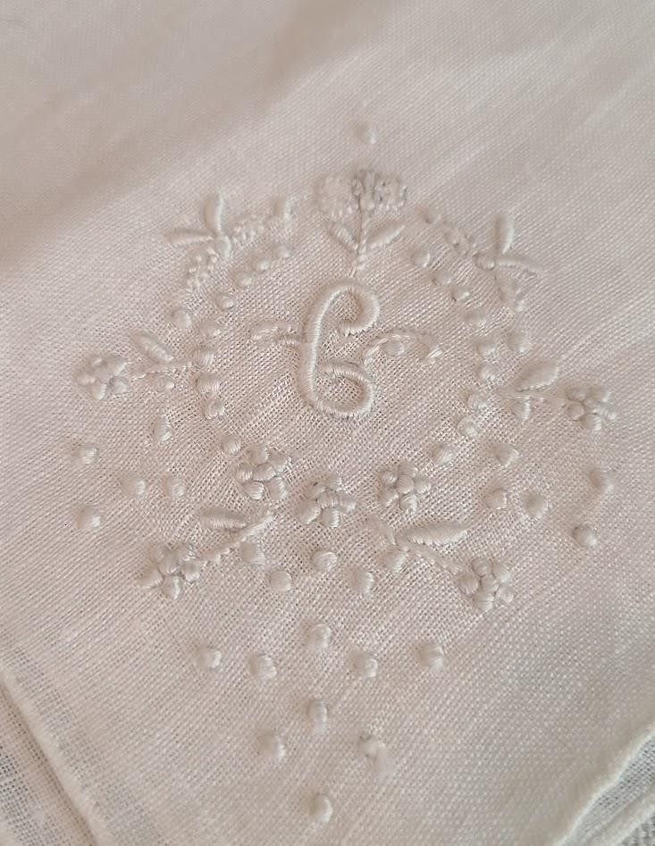 Vintage White on White Embroidered Hanky ~ Monogram Initial C or G ?