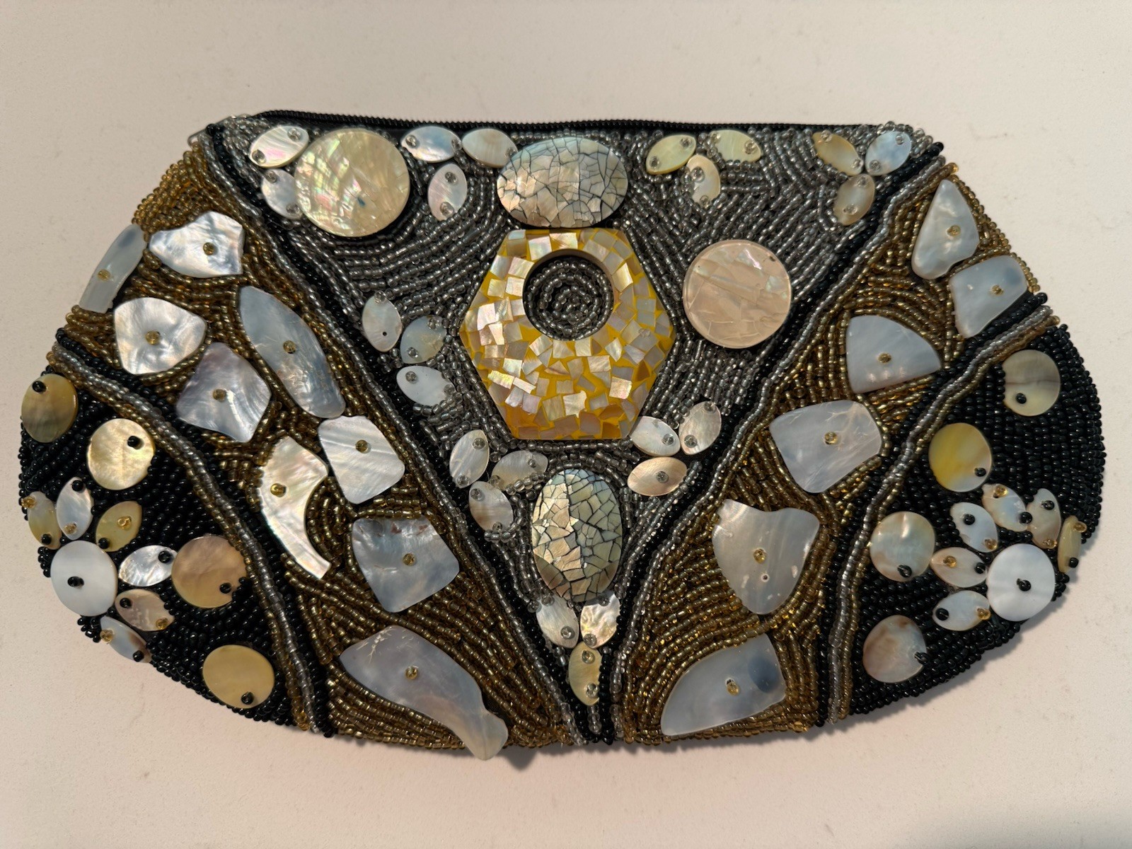 Handmade Beaded Mother of Pearl Shell Evening Clutch Purse Black Art Deco Boho