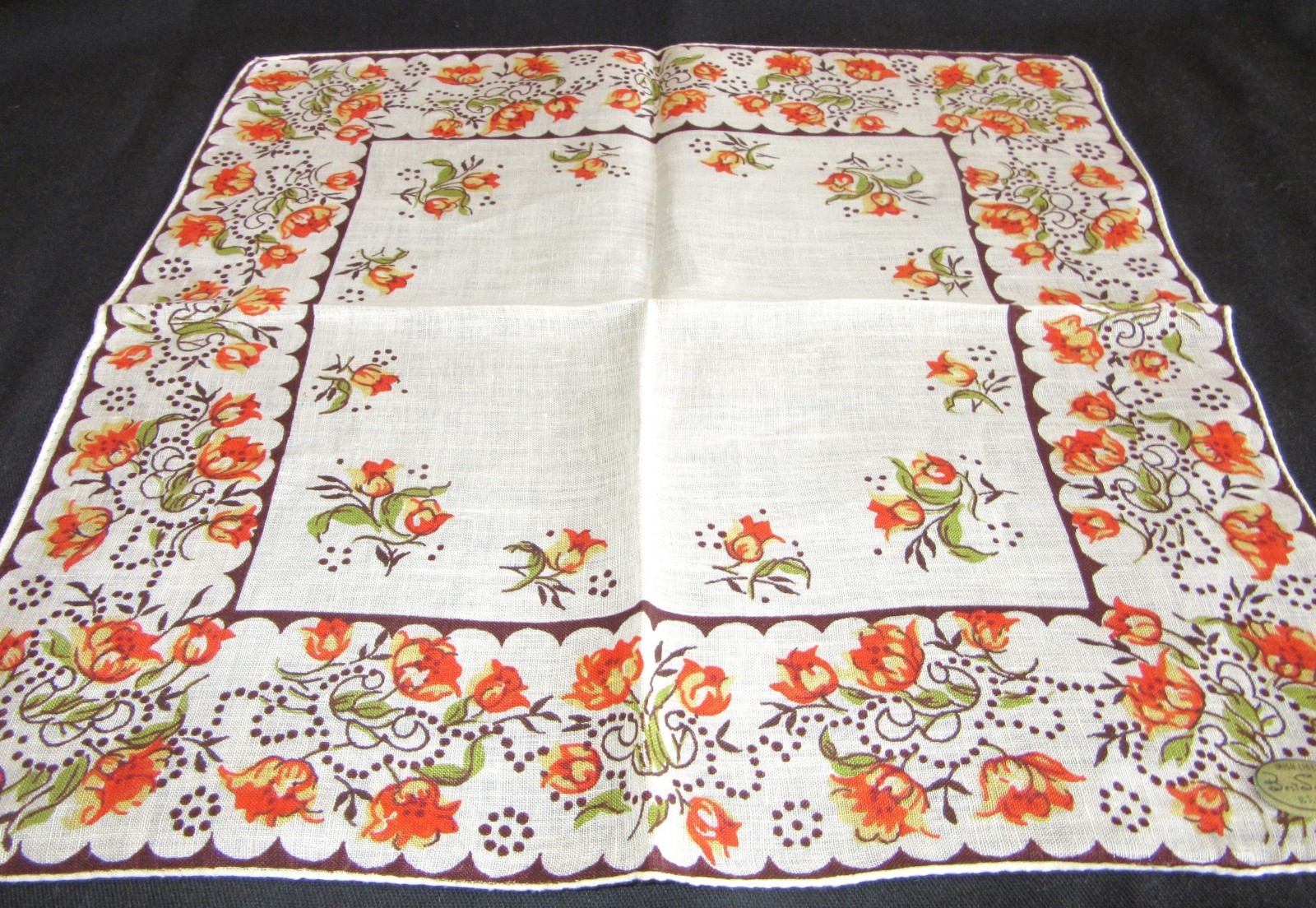 Vintage Hankie Irish Linen Shades of Orange Floral Best Seller Hand Rolled Nice!