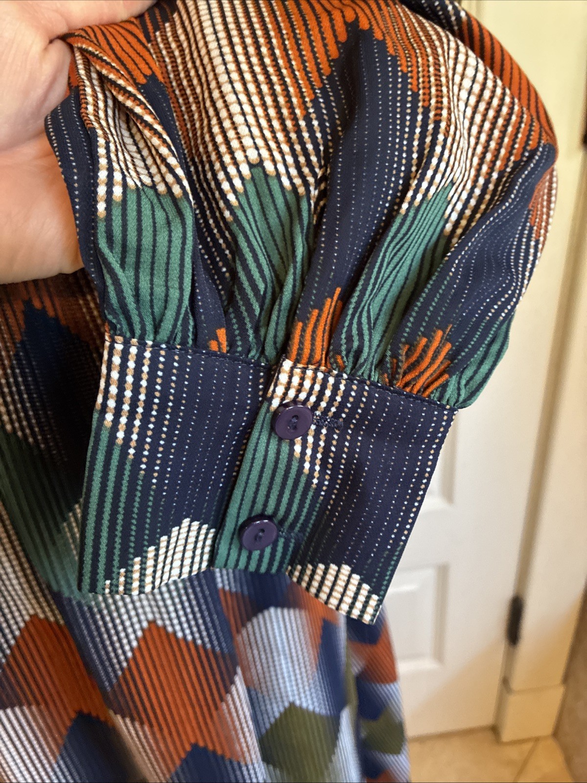 Vintage Women’s Dress Long Sleeves Tie Neck Navy Orange Green White Fall XS