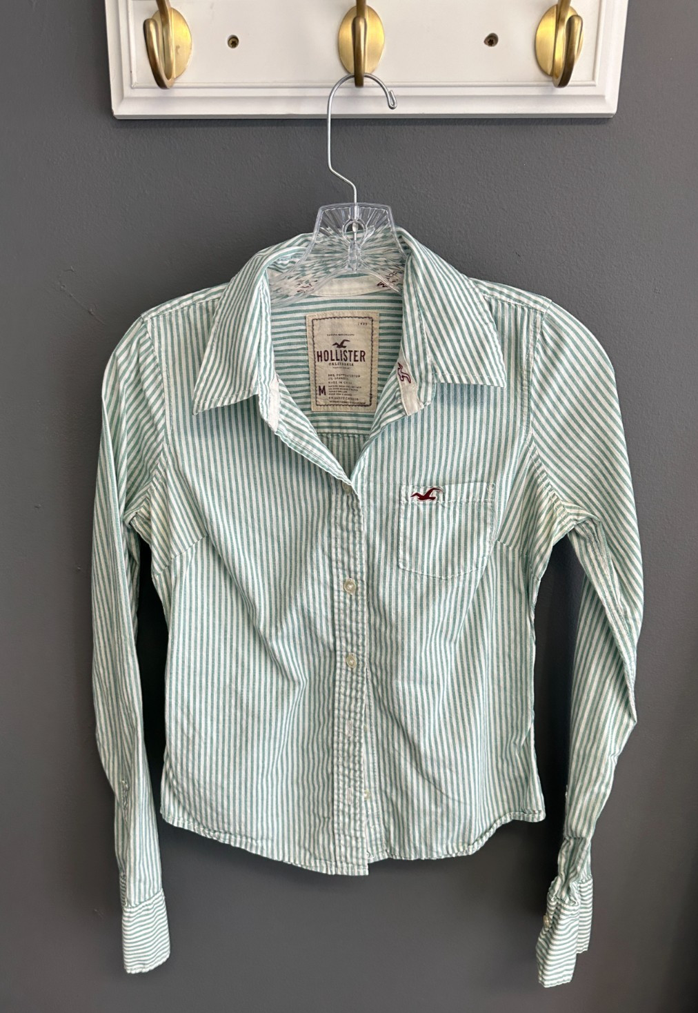 Vintage Hollister Button Shirt Jrs Size Medium 90s Y2K Striped Green White Top