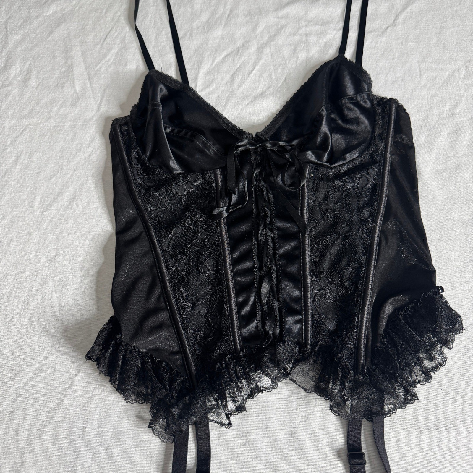 Vintage Black Satin Lace Corset Top Garter Bustier Womens VTG 36C Whimsygoth