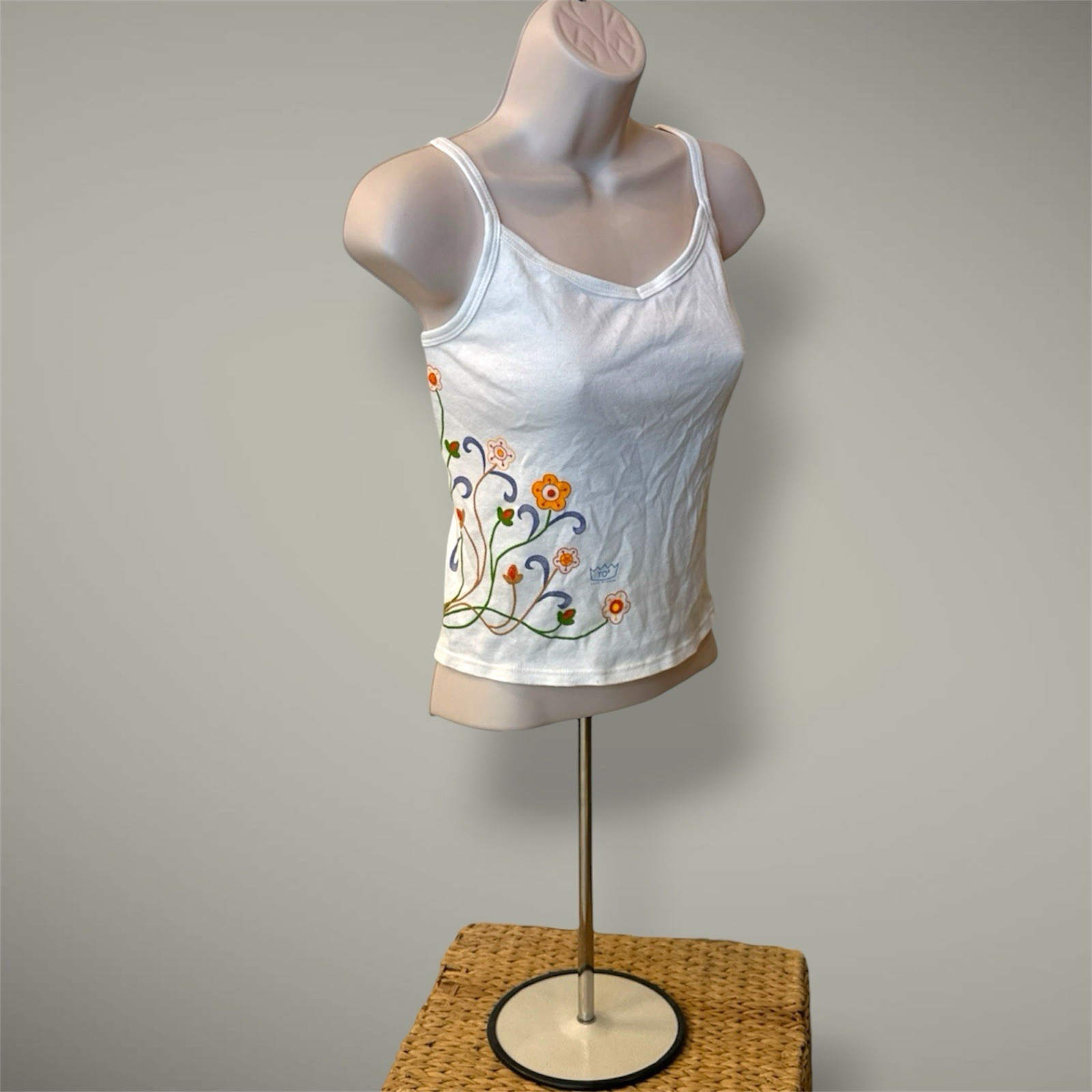 VTG 90s Todd Oldham TO2 Off White Floral Graphic Lace Up Back Tank Top Womens M
