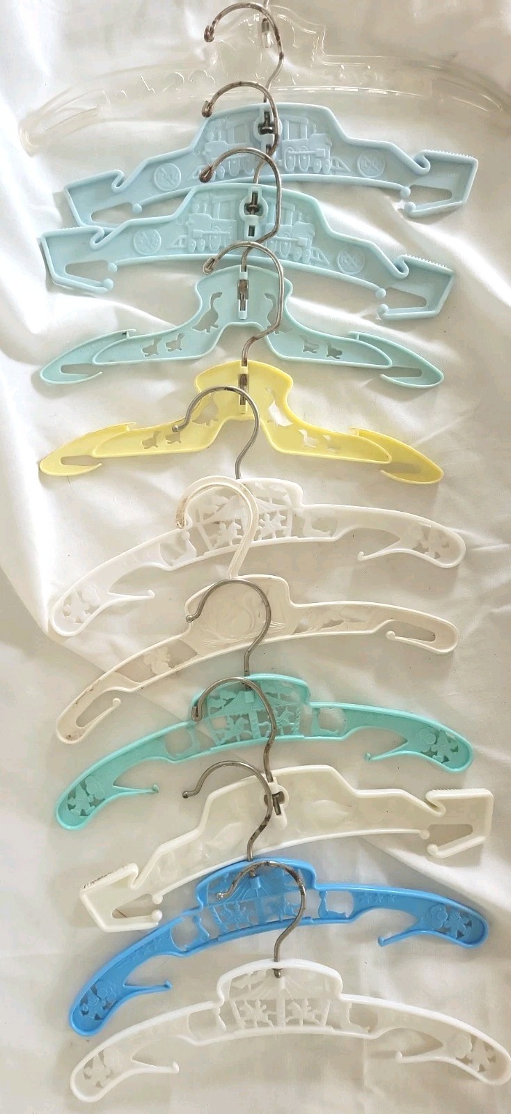 Vtg 12 Baby Child Hangers Cutout Ducks Trains Hard Plastic Swivel Pastels