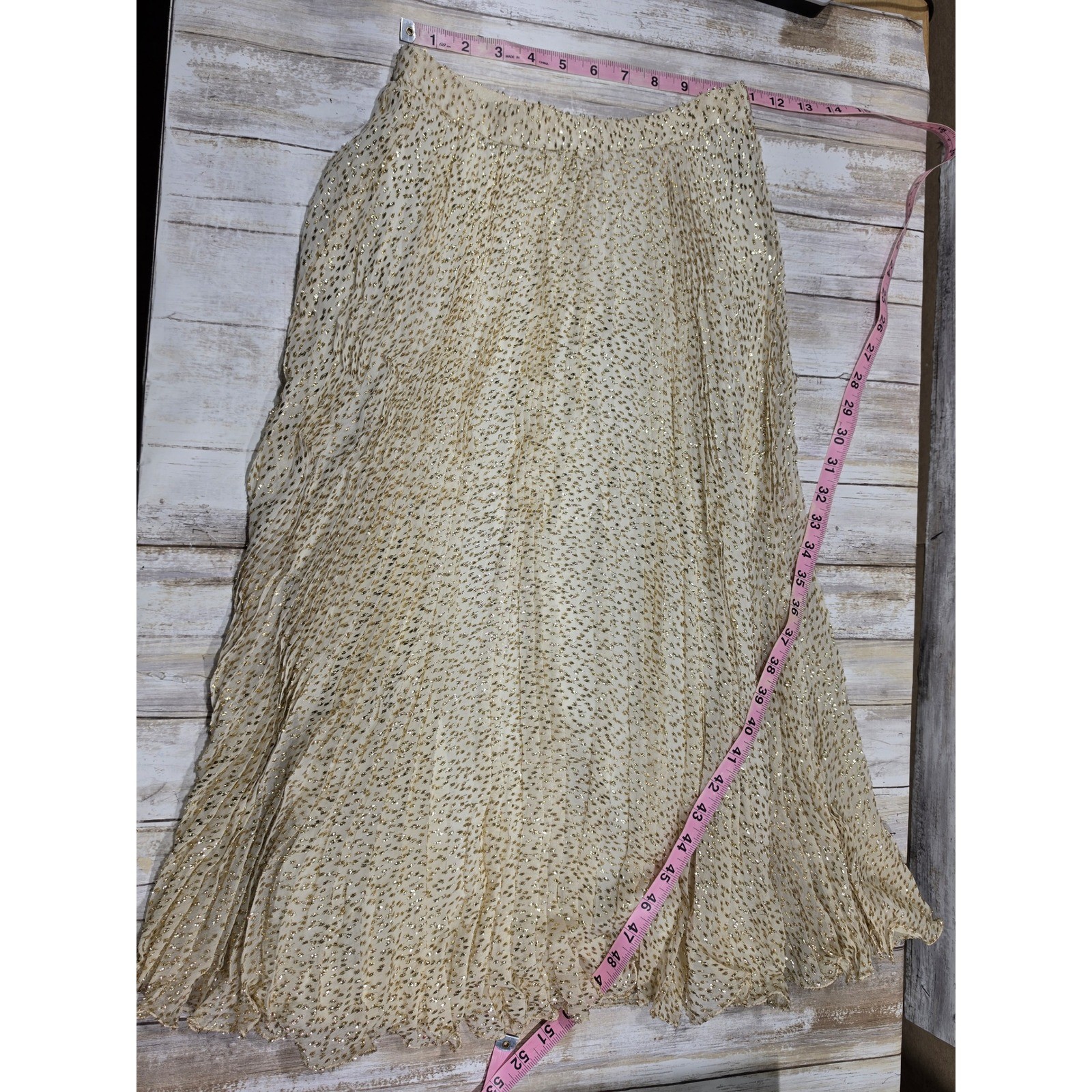 Mose Milano Vintage Silk Gold Metallic Ruffle Blouse Accordion Pleat Skirt Set