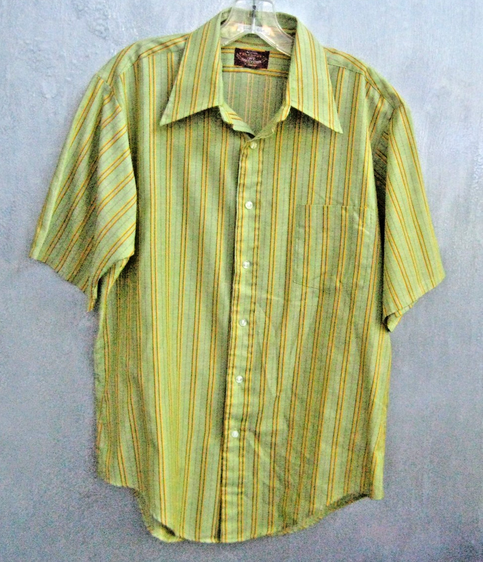 70s Van Heusen Vanopress 417 Shirt Mens Large 15-L-16.5 Green Orange Stripe