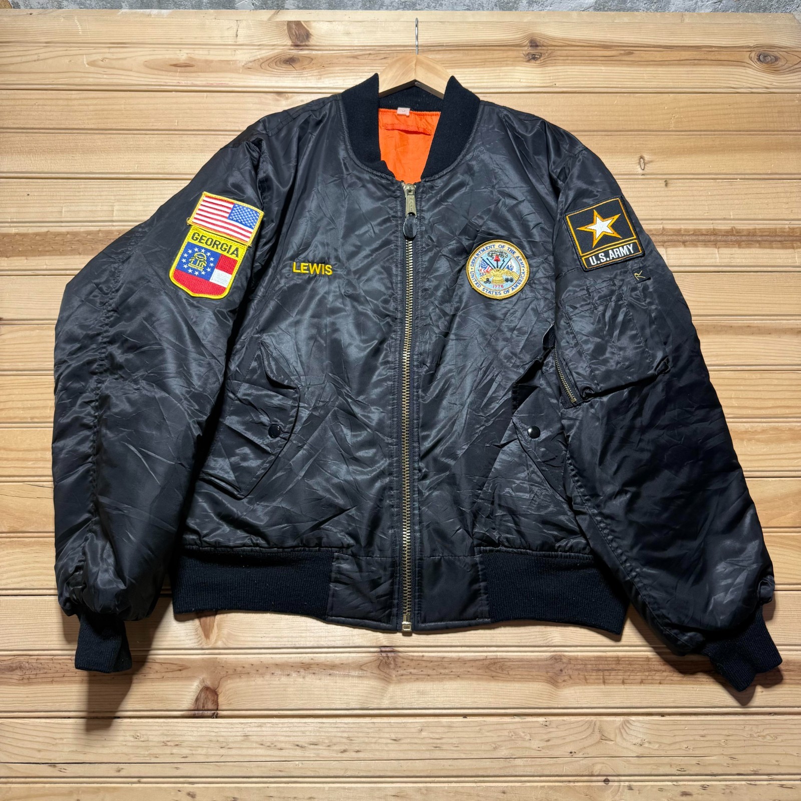Vintage 80s US Army Georgia Flag Patches Pockets Satin Bomber Jacket Size Large