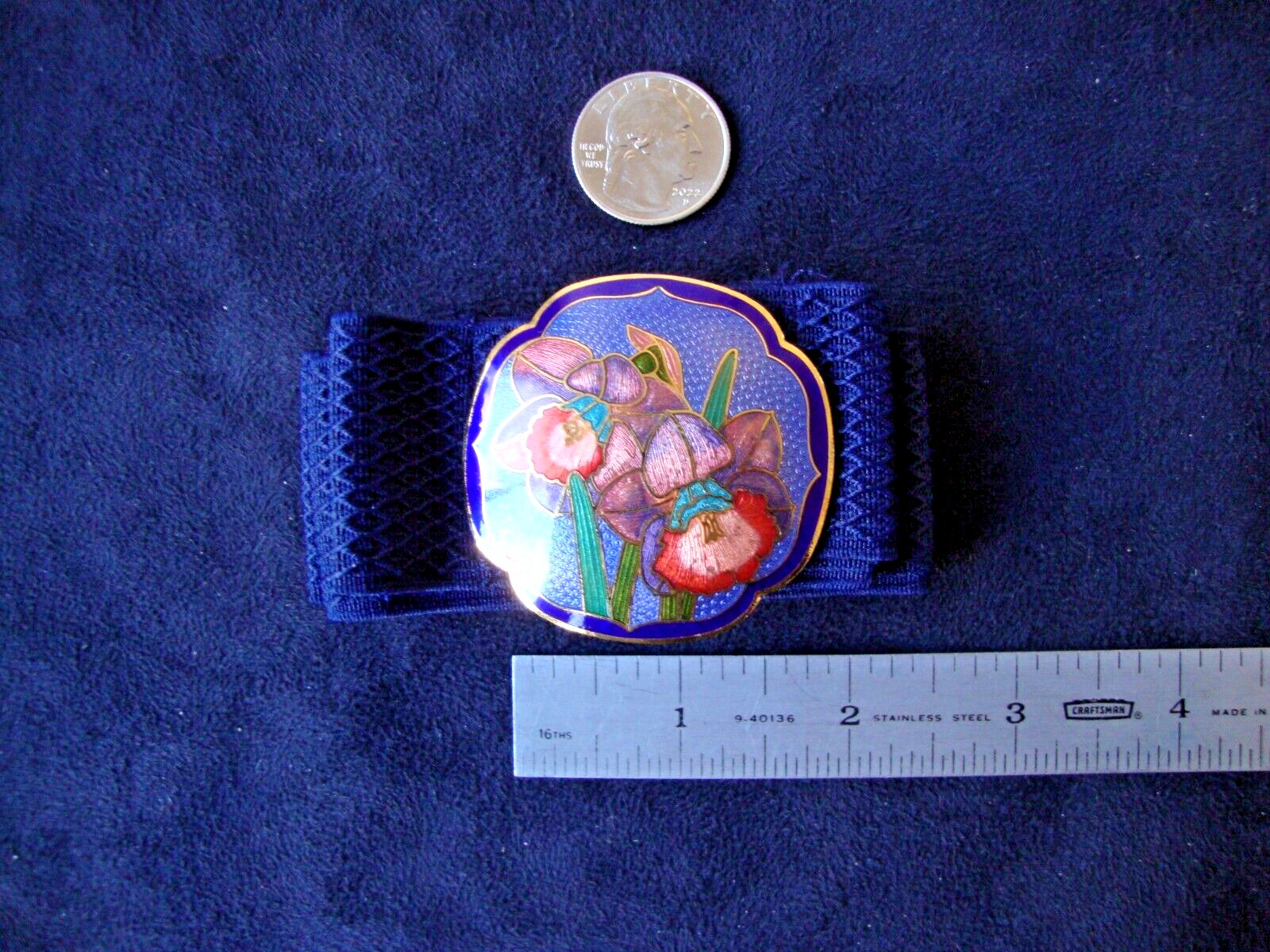VINTAGE ART NOUVEAU CLOISONNE MULTI COLOR IRIS COBALT BUCKLE W/ STRETCH BELT