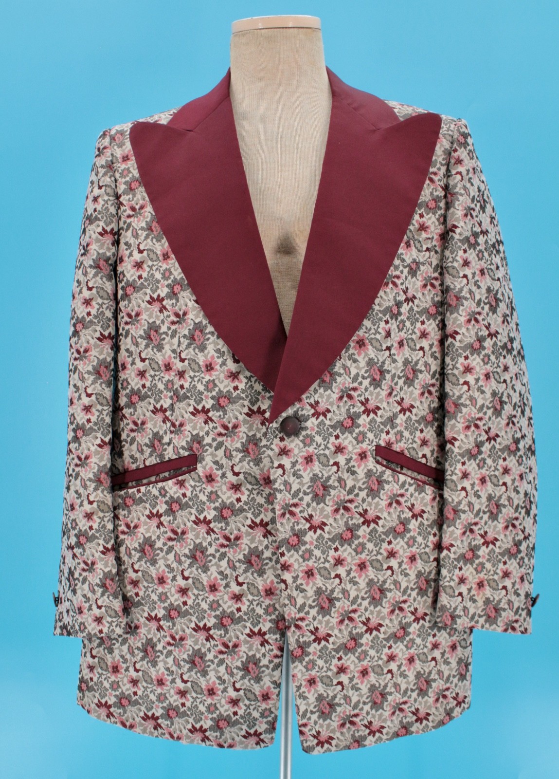 Men’s VTG 70s Burgundy & Pink Floral Brocade Tuxedo Jacket 44 R Palm Beach Tux
