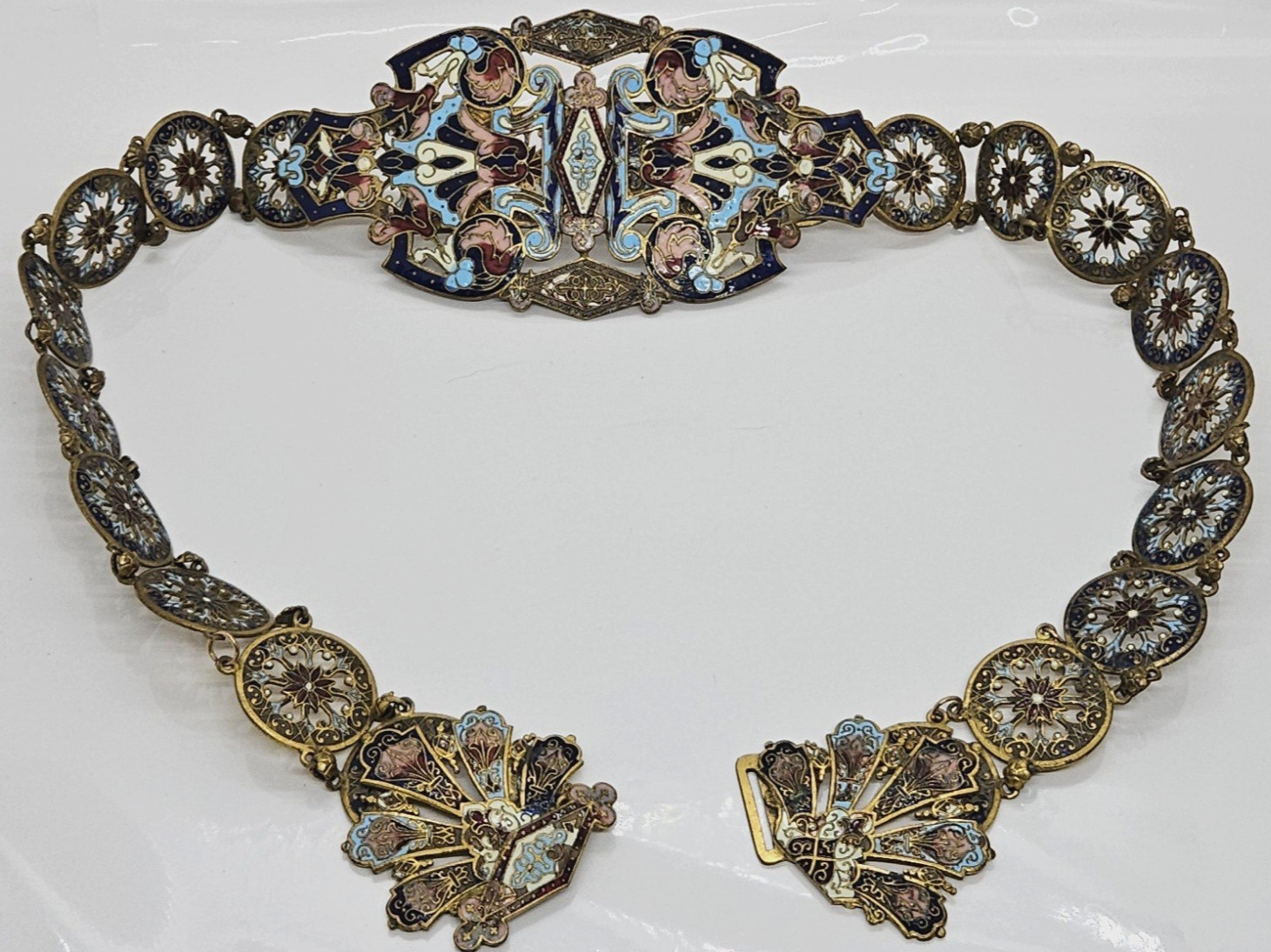 Vintage Estate Art Nouveau Cloisonné Enameled Belt Multicolor Metal 27″ Adj