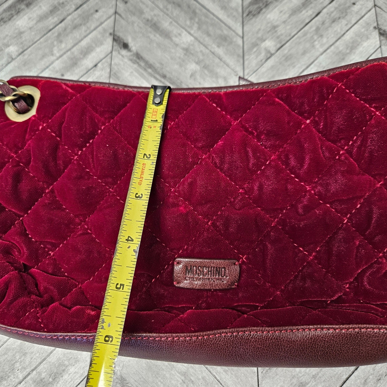 Vintage Moschino Velvet Shoulder Purse Red Hand Bag Quilt Made in Italy NOS Bow