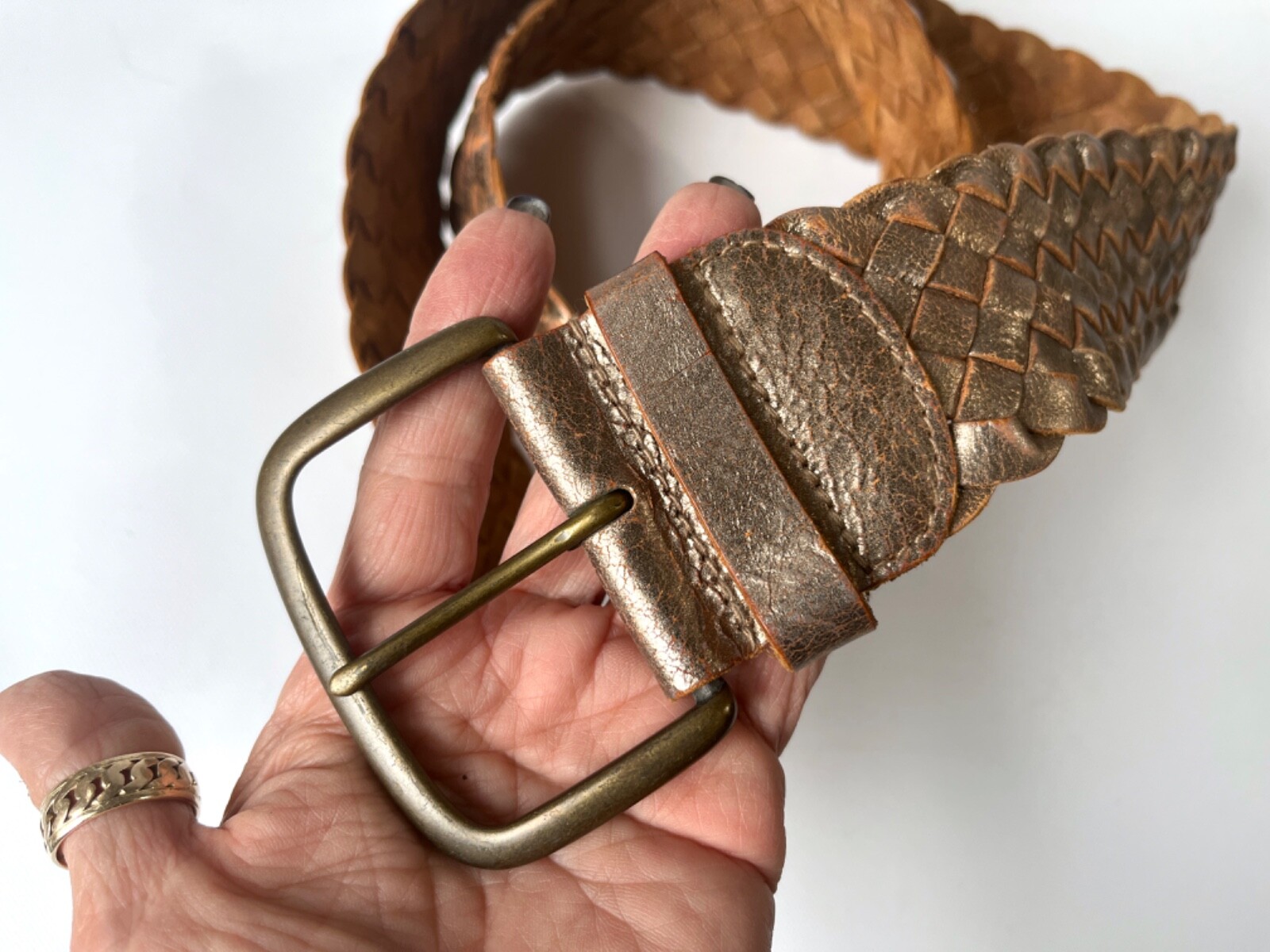 Vintage Wide 40in Gold Leather Belt Weathered Cowhide Braided Woven Boho Hippie