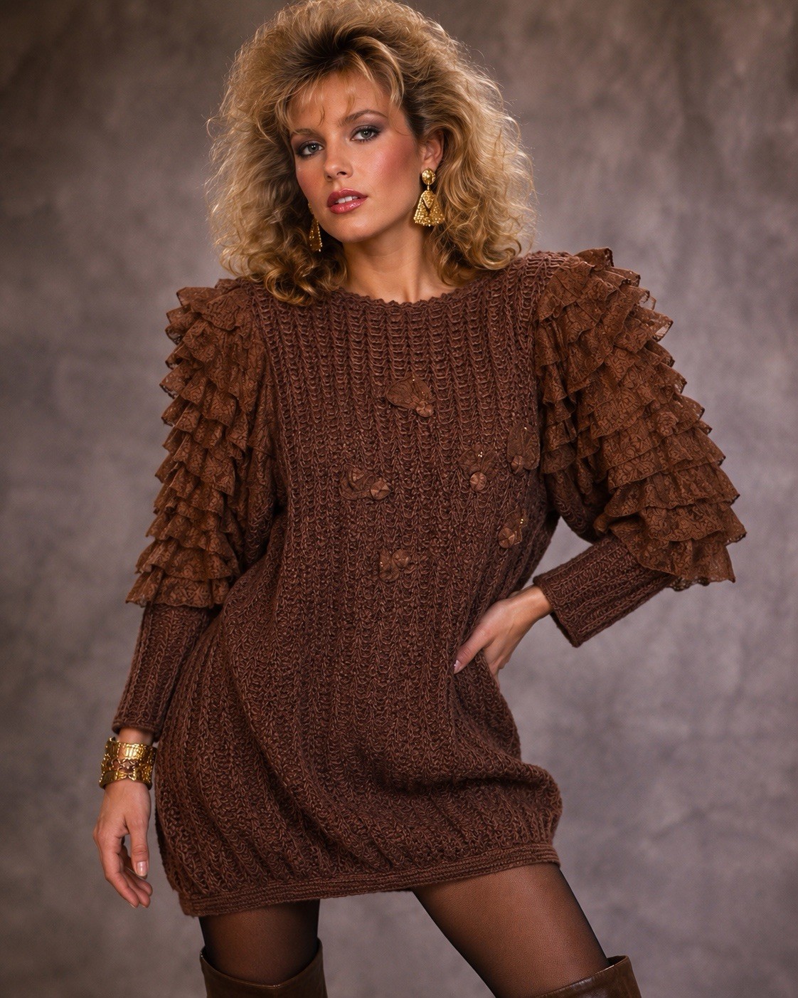 Vintage 80s Brown Crochet Sweater Dress Ruffle Sleeve Whimsigoth Goth Boho