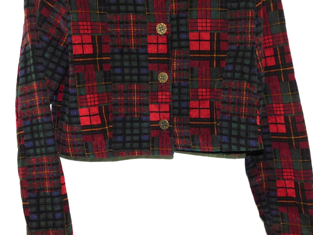 Vintage XS S Red Tartan Plaid Cordurouy Cropped Blazer Shirt Jacket Button Front