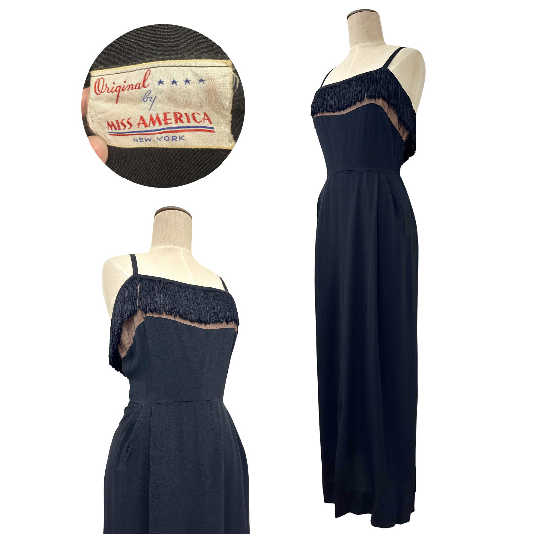 Vintage 1940s Original by Miss America Black Fringe Nude Illusion Wiggle Dress