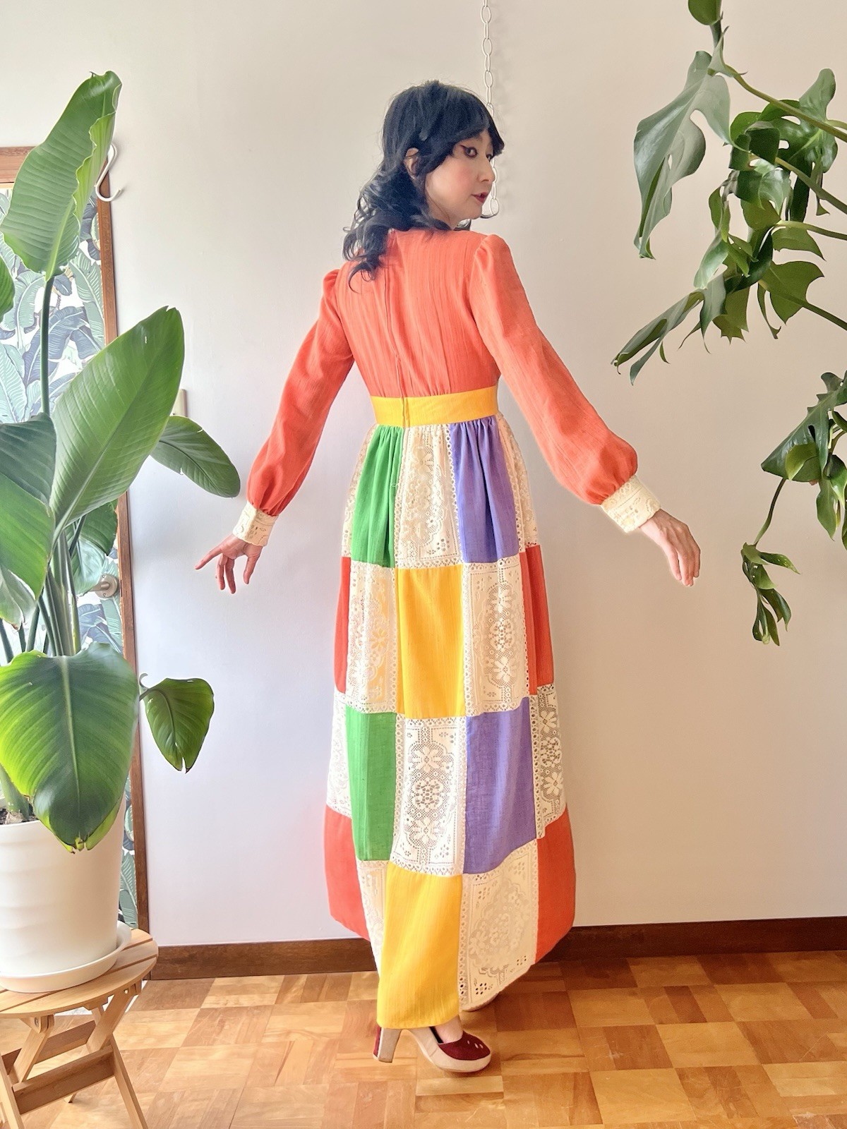 70s Jonathan Logan Patchwork Color Block Cotton Gauze & Lace Prairie Maxi Dress