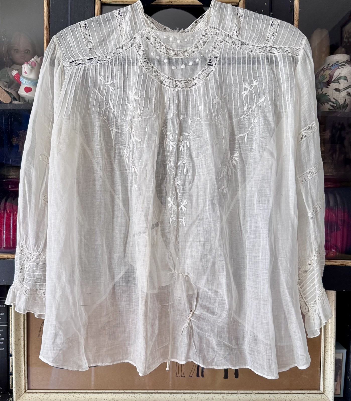 Antique Edwardian White Cotton Lawn Blouse Floral Embroidery Size S/M