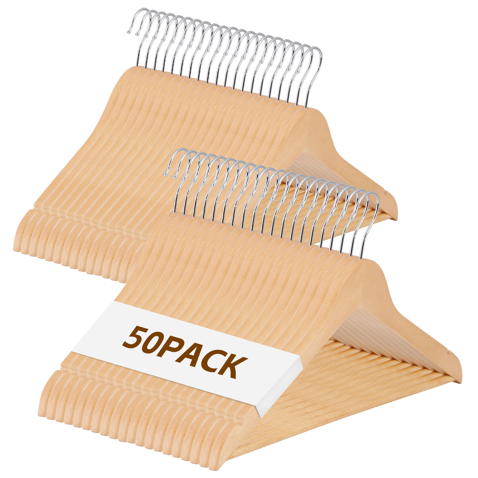 50 Pack Wooden Hangers Pants Hangers Non-Slip Clothes Hangers w/360° Swivel Hook