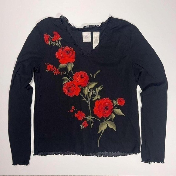 Vintage Emma James Black Mesh Sheer Rose Design Top
