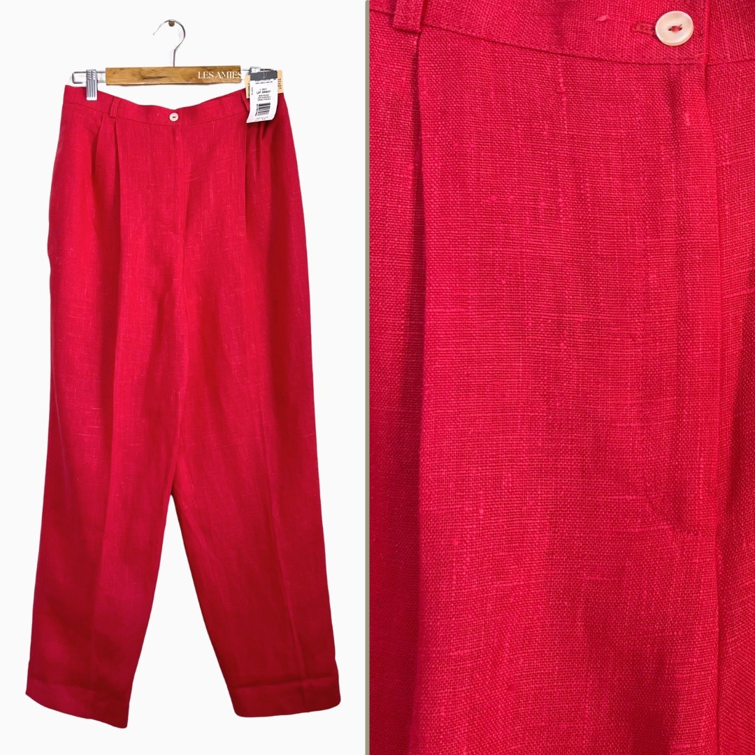 NWT Vintage 90s Harvé Benard Hot Pink 100% Linen High-Waisted Pleated Trousers 8