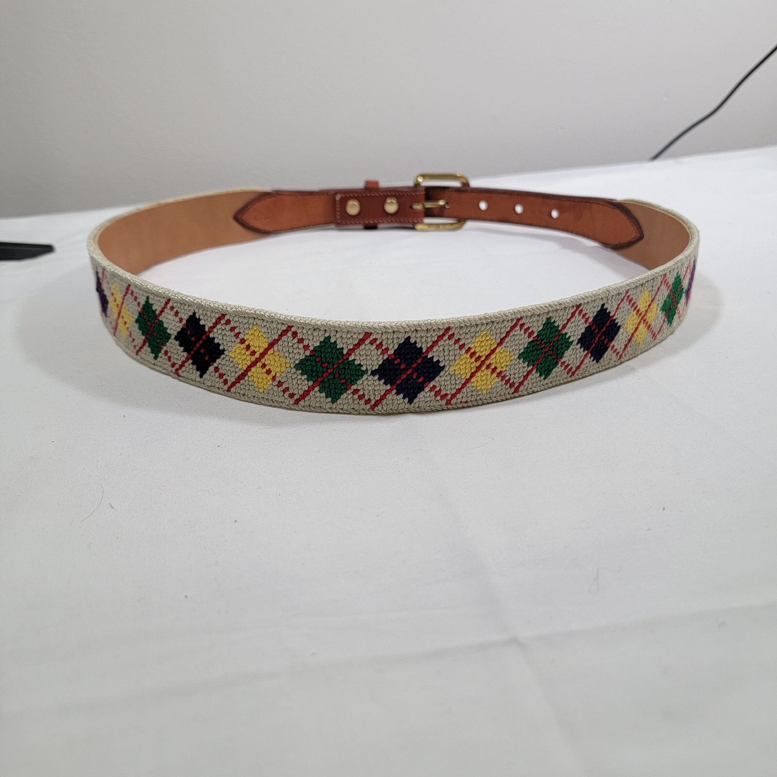 Vintage MAL Embroidered Diamond Print Spell Out Unisex Size 34 Leather Brass…