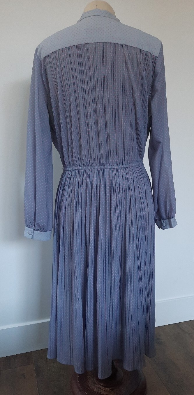VTG Hal Ferman Midi Dress Women Size M Long Sleeve Gray Pink Polka Dots Pleated