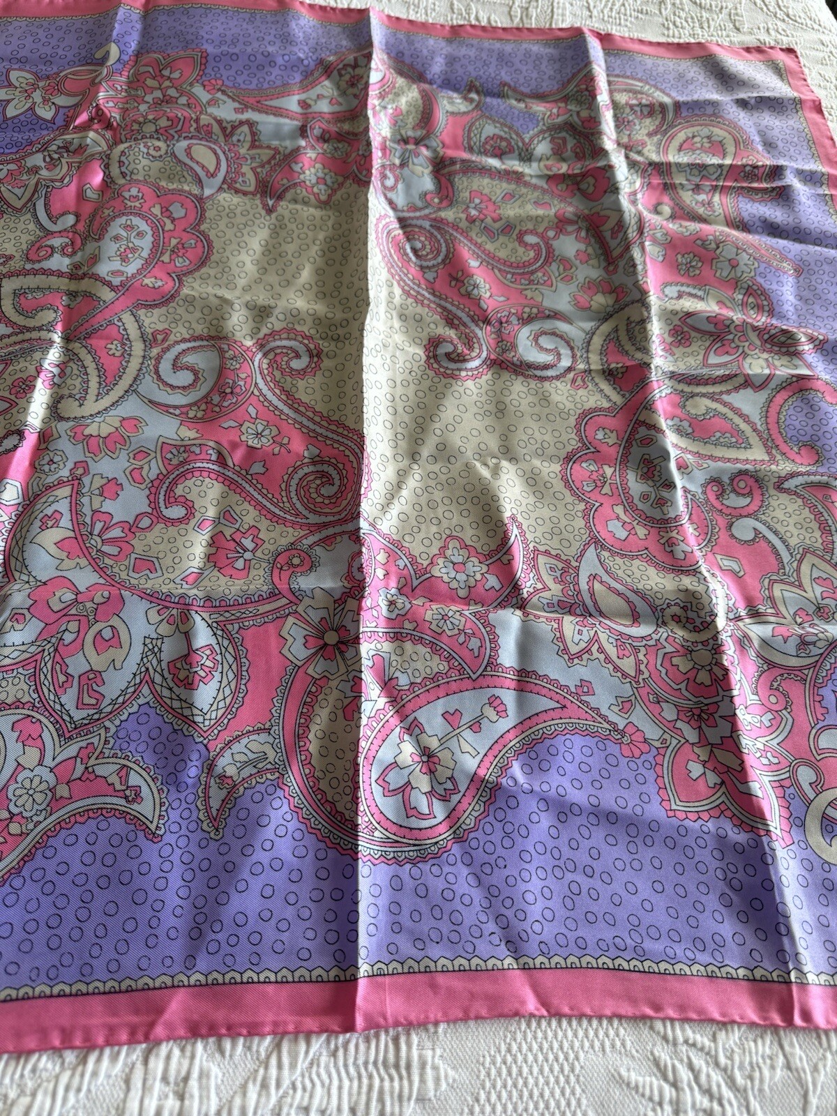 Vintage Mid Century Modern 27″ Boho Silk Scarf Pink Purple Paisley square j7