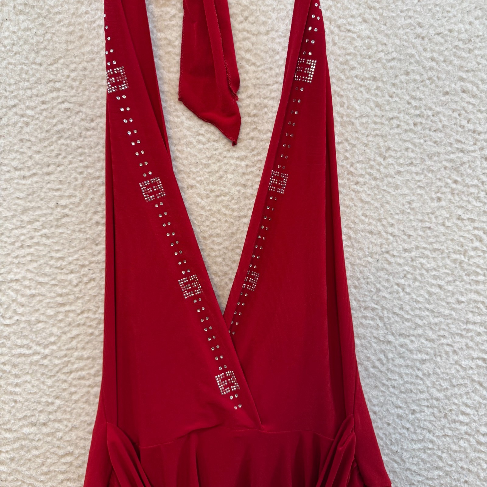 90s Y2K Vintage Halter Mini Dress Large XL Red Plunge Neck Backless Rhinestone