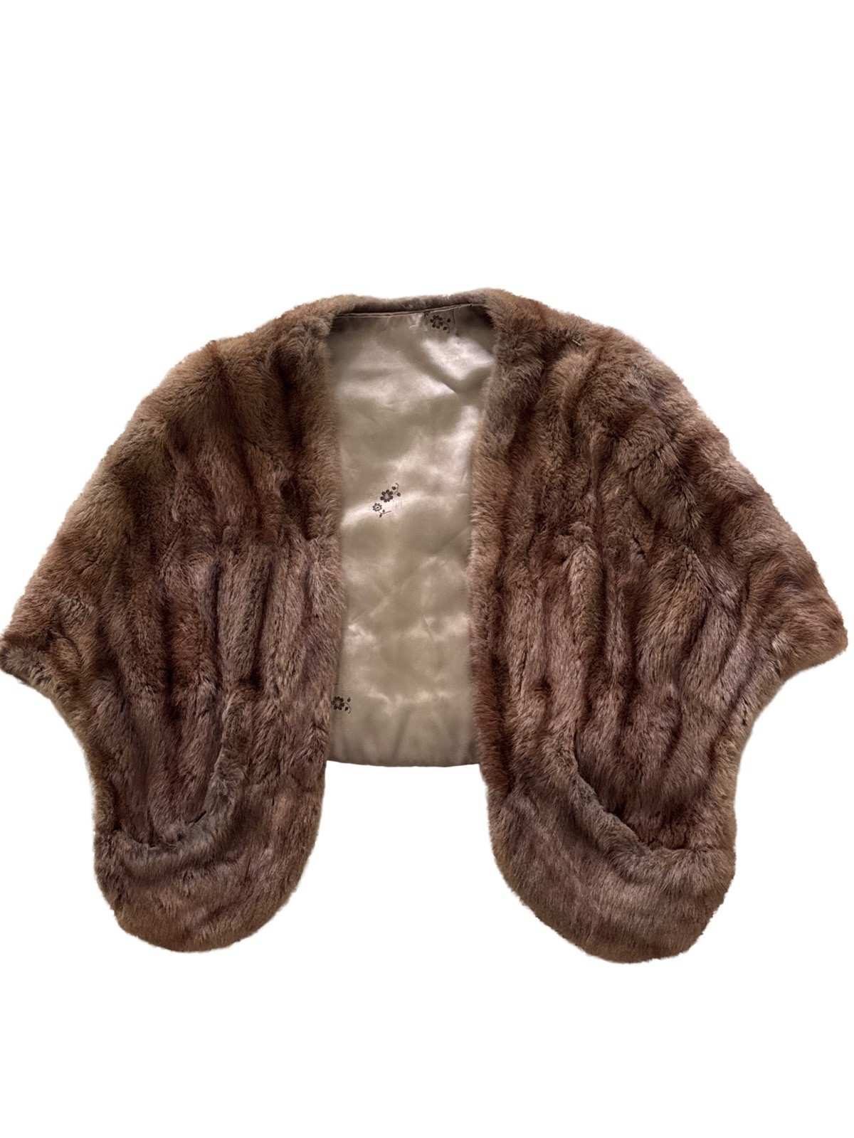 Vintage 50s 60s Brown Fur Capelet Stole Wrap Old Hollywood Glam Satin Lined