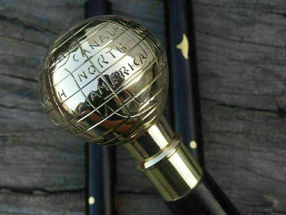 Nautical Design Brass Globe Head Handle Victorian Walking Stick Wooden Cane Gift