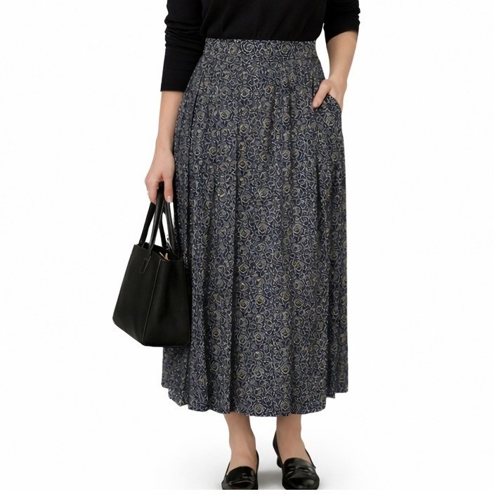 Vintage 90s Navy Pleated Midi Skirt Acetate Rayon USA Elastic Waist