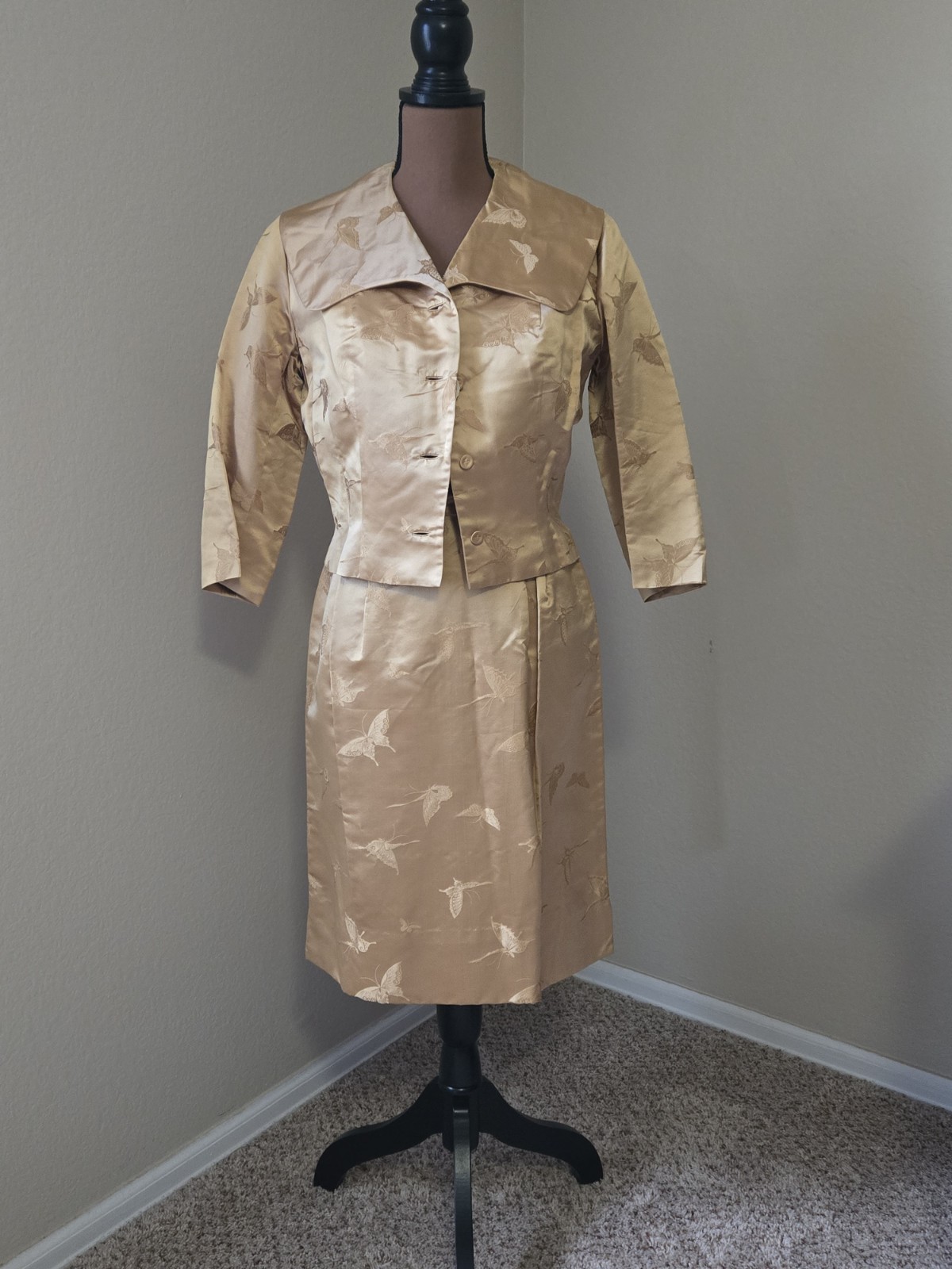 Dynasty Hong Kong Silk Sheath Dress Jacket Butterfly Sz 12 Gold Elegant MCM
