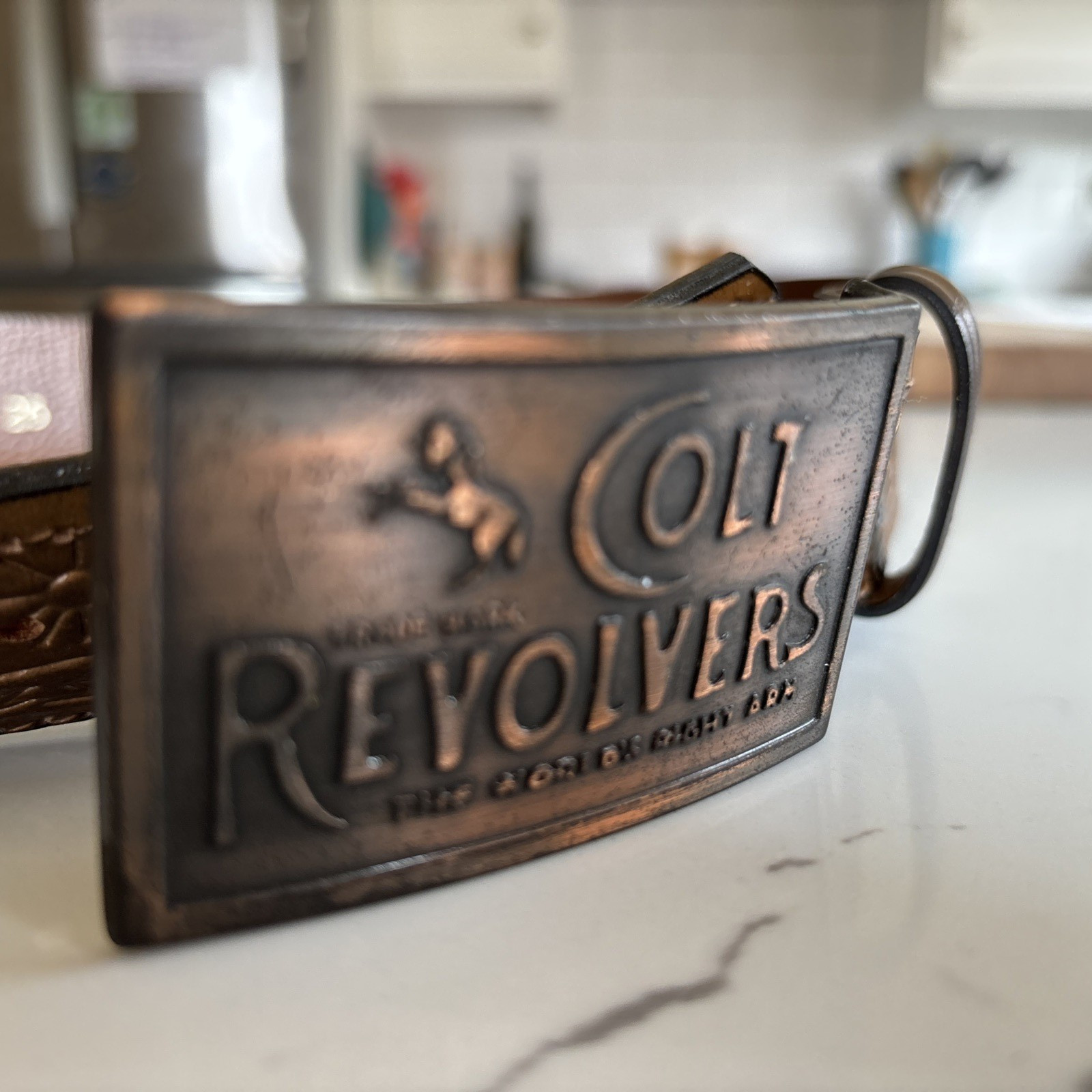 Colt Revolvers The World’s Right Arm Synthetic Leather Belt 1980’s Brass Buckle