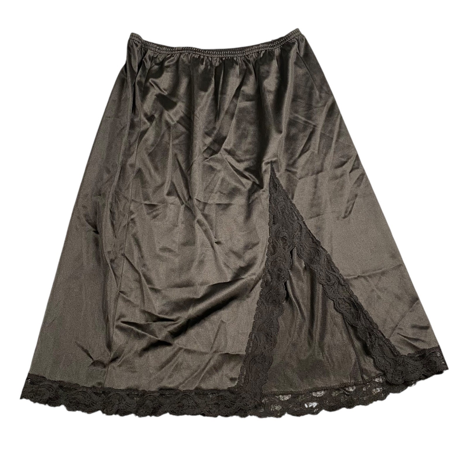 Vanity Fair Vintage Black Lace Trim Half Slip Side Slit Nylon Antron III Med L