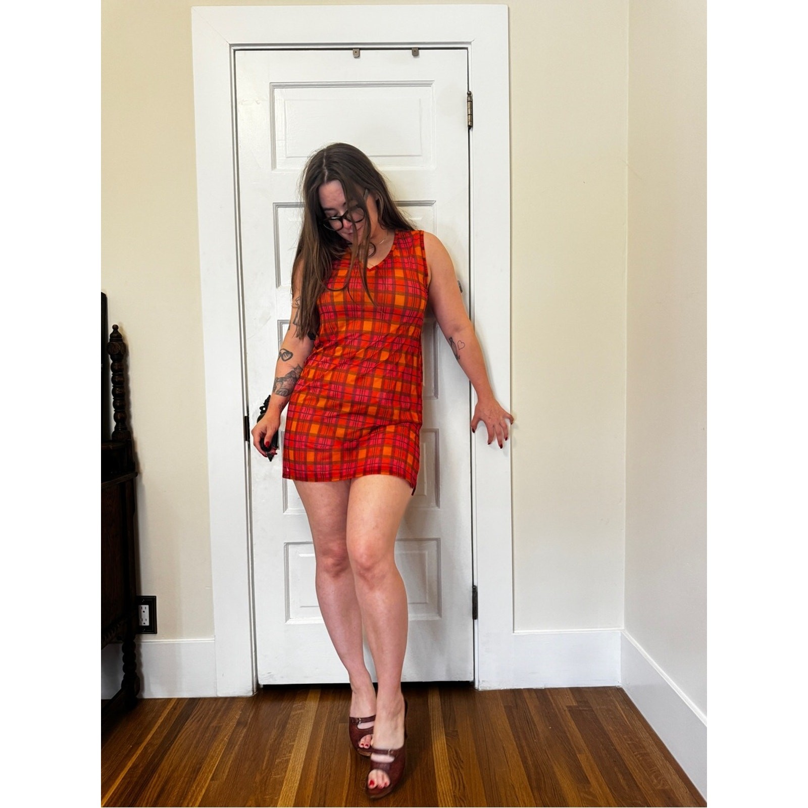 Y2K Vintage Liz Claiborne Sheer Mesh Orange Plaid Mini Dress Sz M