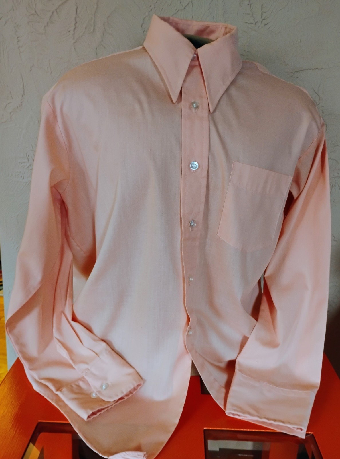 VTG “Fashion Tone” Peach Polyester Combed Cotton Mod Collar L/S Shirt 17/32-33