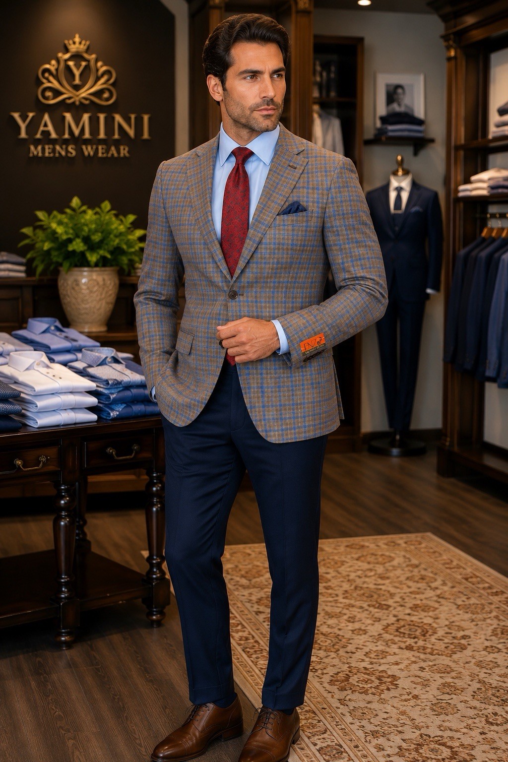 Enzo Brown and Blue Glen Plaid check 40R Sport Coat 100%wool Two Button Classic