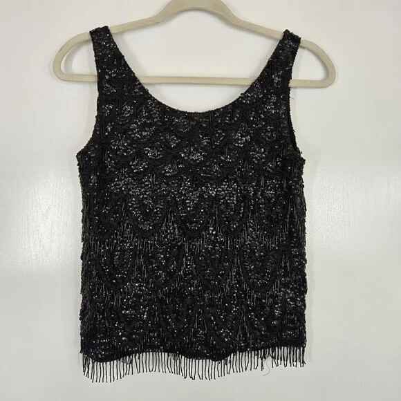 VTG 60s Heavy Beaded Sequin Scoop Neck Glam Rock Women’s Small Lambs Wool Silk