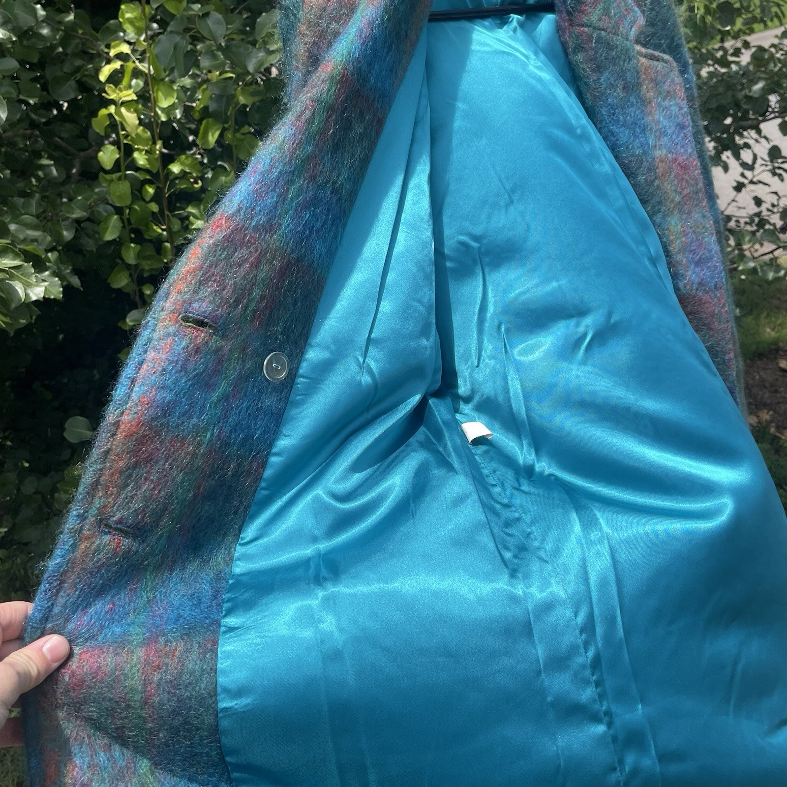 Vintage 70s 80s RIEL Coat Company Blue Rainbow Mohair Long Jacket Union made