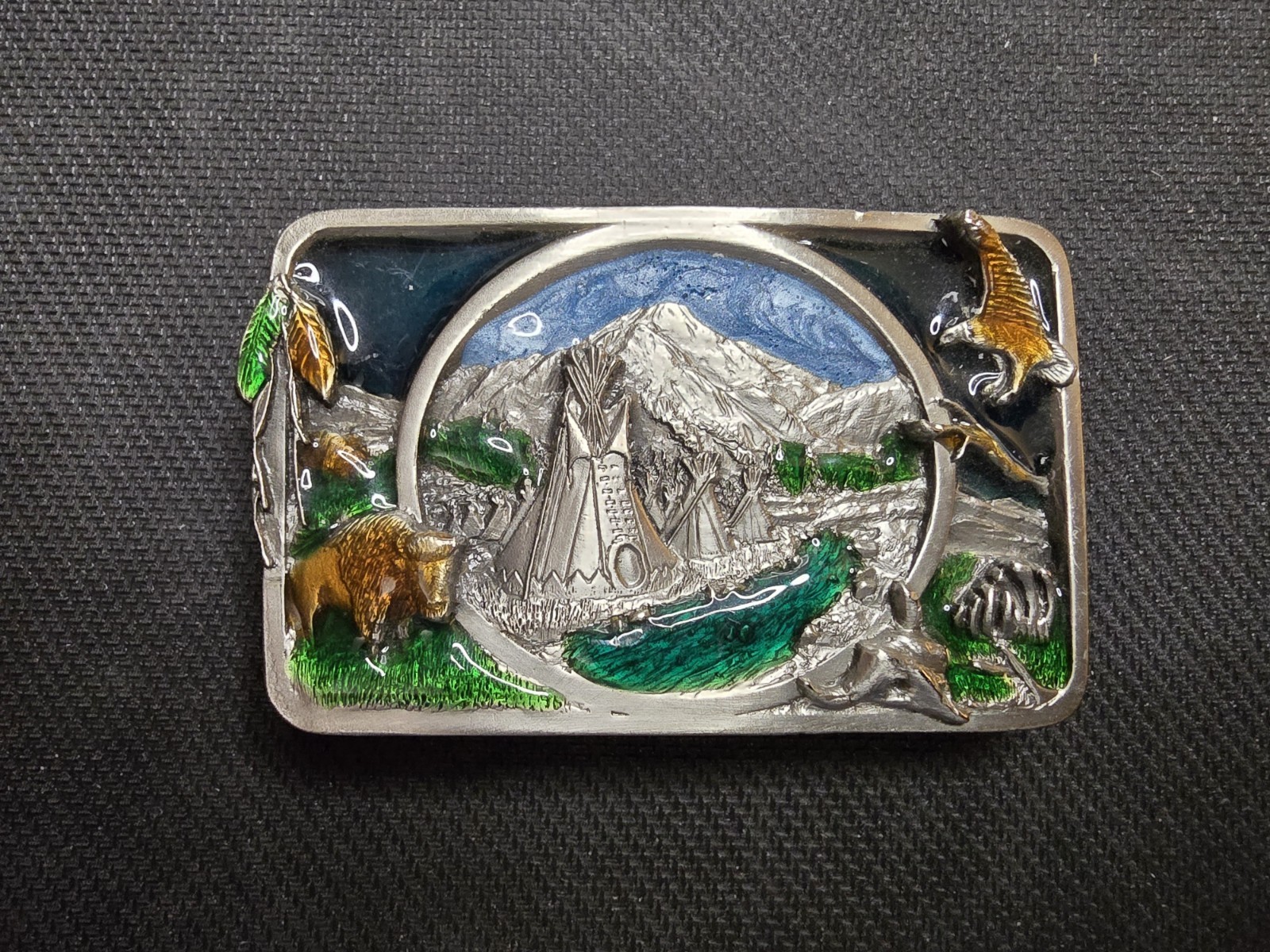 Vintage 1983 Siskiyou Native American Tribute Belt Buckle Enamel Buffalo Eagle