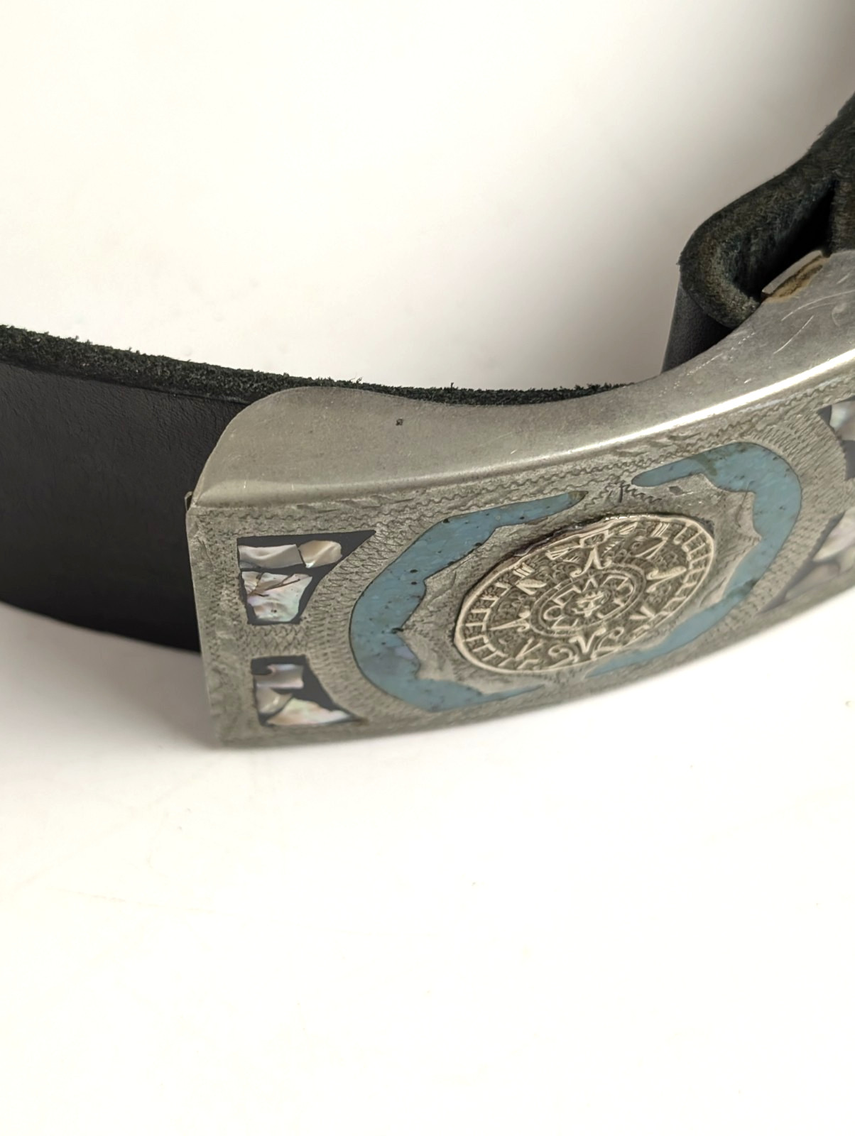 Vintage Mexico Alpaca Silver Aztec Calendar Belt Turquoise MOP Inlay Black…