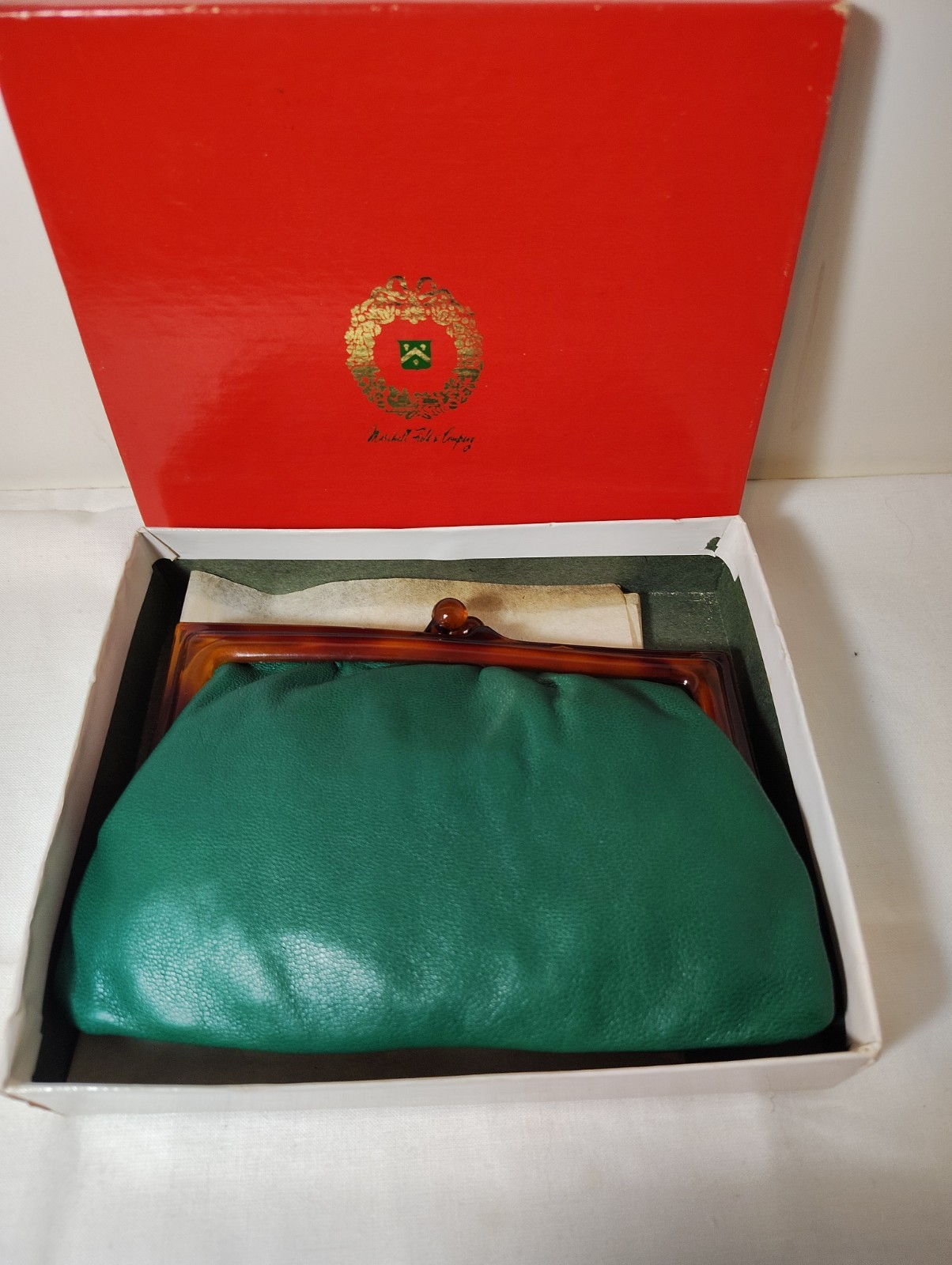 Vintage Italian Green Leather Kiss Lock Coin Purse Lucite Tortoise Clasp