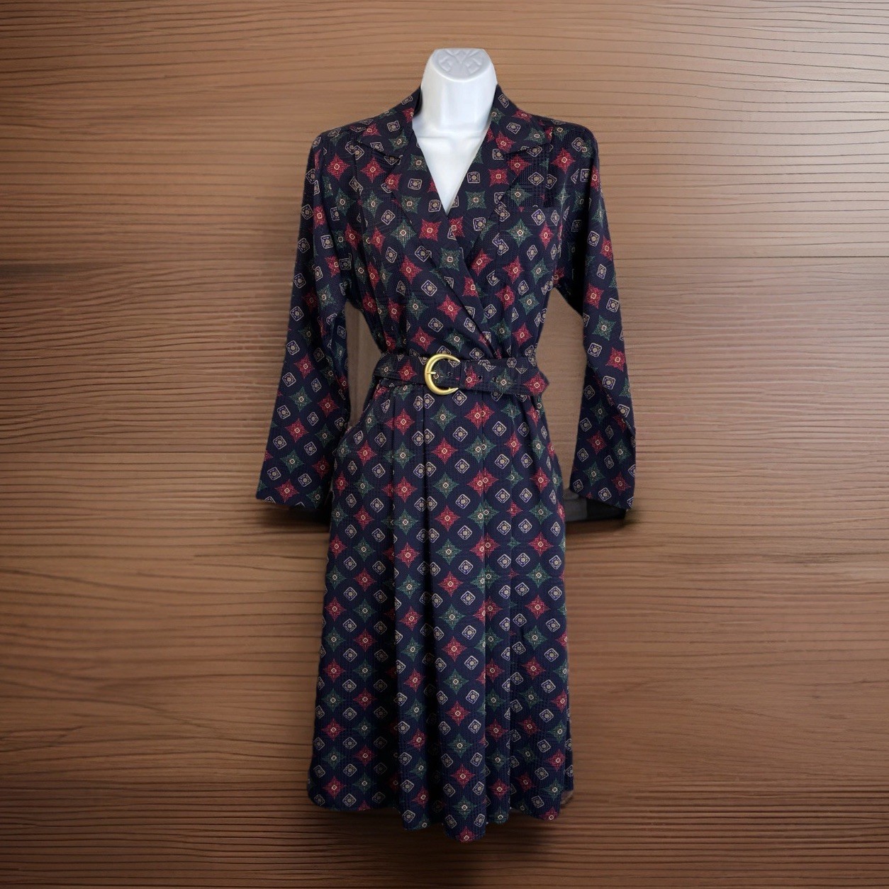 Vintage Leslie Fay Dress 8 Navy Belted Geometric Faux Wrap Stunning! Pinup Retro
