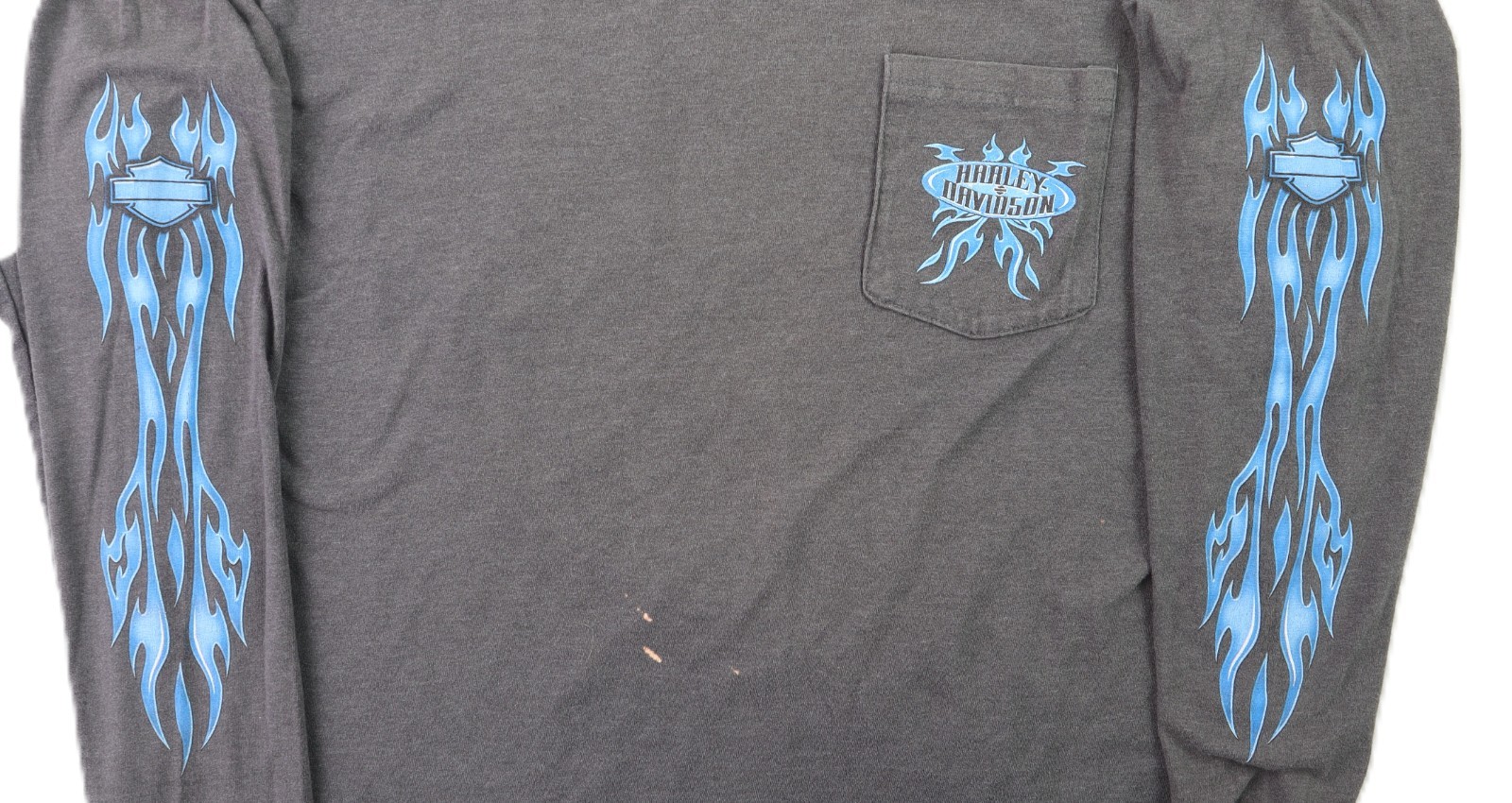Vintage Y2K 2003 Large HARLEY DAVIDSON Gray Blue Flame Long Sleeve T Shirt Top